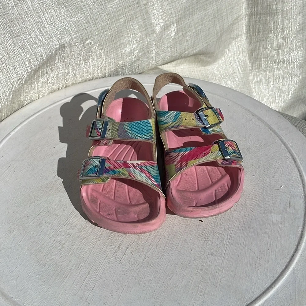 Birki’s by Birkenstock Girls Multi Color with Pink Sole Sandals Sz 26